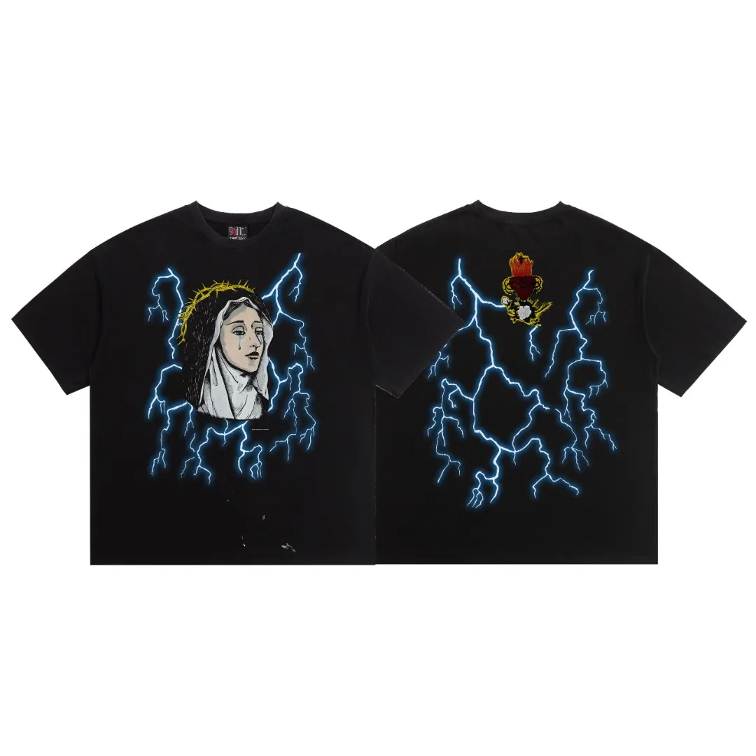 American Saint Michael Tears Lightning Print Retro Washed Distressed Loose Short Sleeve T-shirt Digital white ink direct injection, the fabric is breathable and the pattern is three-dimensional and clear. Fabric: Double yarn 240g Style number: S892 Size: S-M-L-XL Color: Washed black Price: P118